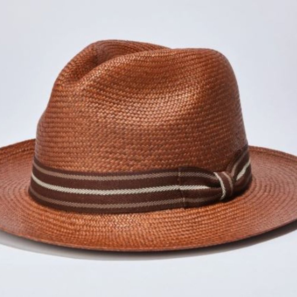 Unisex Classic Carmel with Brown & white hatband Panama Flex fit Hat Handmade